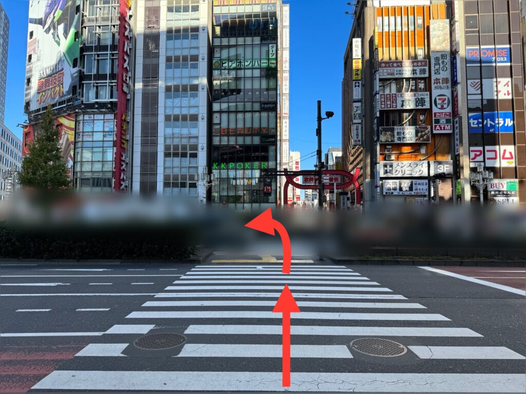 横断歩道を渡り、左に曲がる。